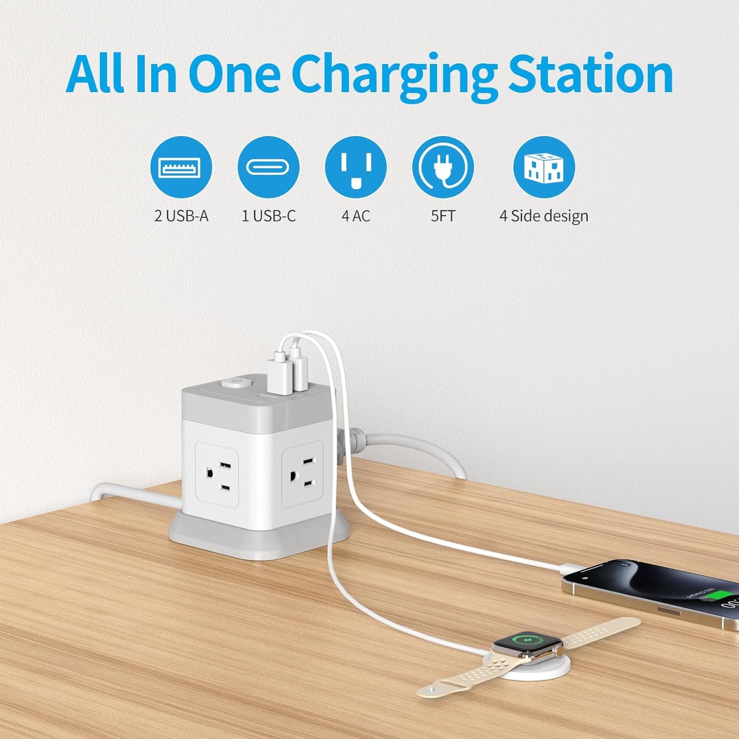 Power Strip with USB, Flat Plug Extension Cord with 4 Outlets and 3 USB Ports, 5 FT Power Cord Desktop Charging Station, Overload Protection, Compact Portable for Travel Home Office Cruise Ship