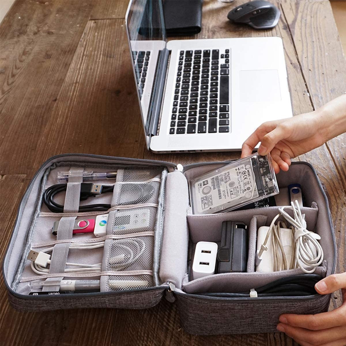 Electronics Organizer, Electronic Accessories Bag Travel Cable Organizer Three-Layer for Ipad Mini, Kindle, Hard Drives, Cables, Chargers (Two-Layer-Grey)