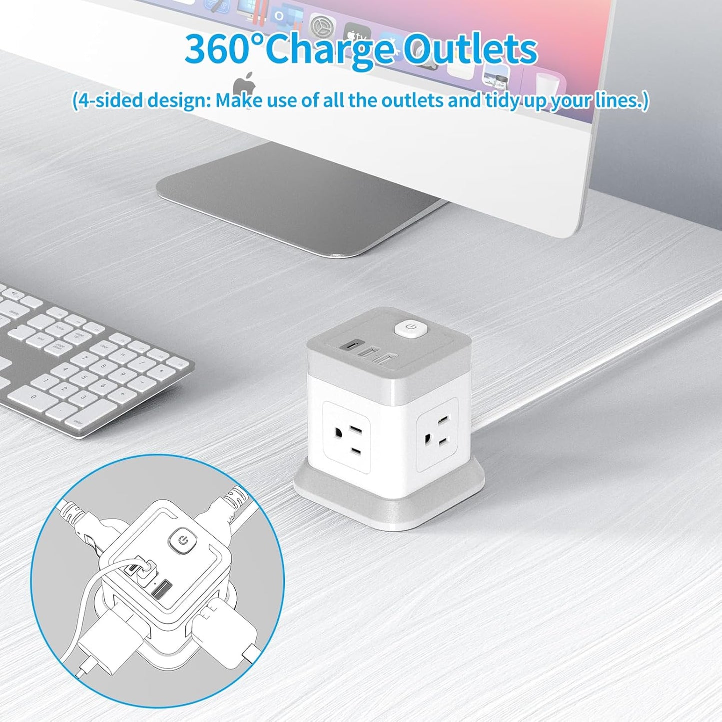 Power Strip with USB, Flat Plug Extension Cord with 4 Outlets and 3 USB Ports, 5 FT Power Cord Desktop Charging Station, Overload Protection, Compact Portable for Travel Home Office Cruise Ship