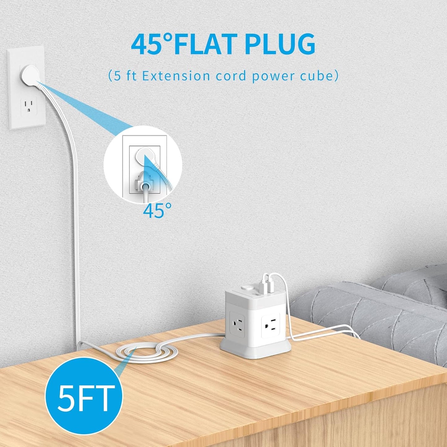 Power Strip with USB, Flat Plug Extension Cord with 4 Outlets and 3 USB Ports, 5 FT Power Cord Desktop Charging Station, Overload Protection, Compact Portable for Travel Home Office Cruise Ship