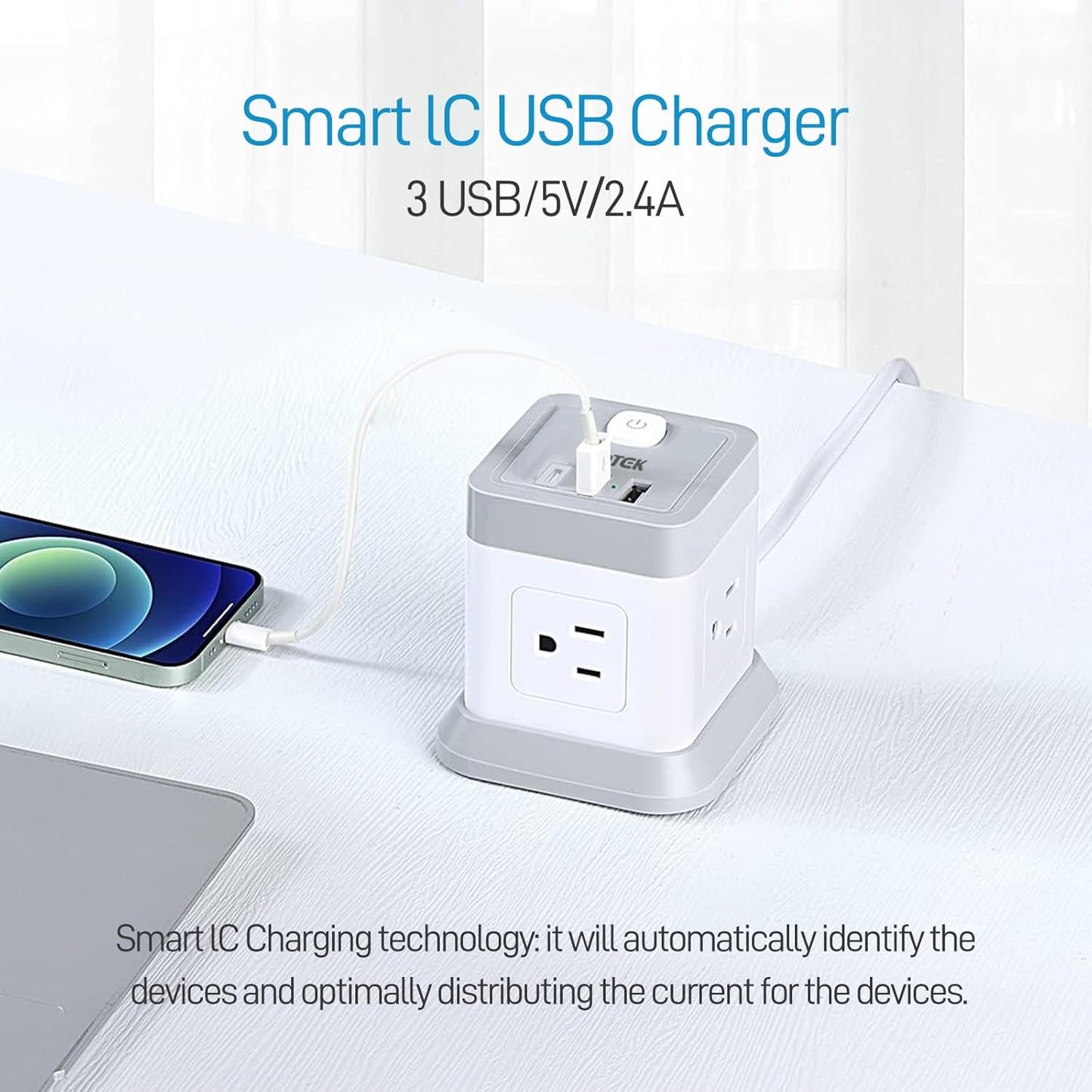 Power Strip with USB, Flat Plug Extension Cord with 4 Outlets and 3 USB Ports, 5 FT Power Cord Desktop Charging Station, Overload Protection, Compact Portable for Travel Home Office Cruise Ship
